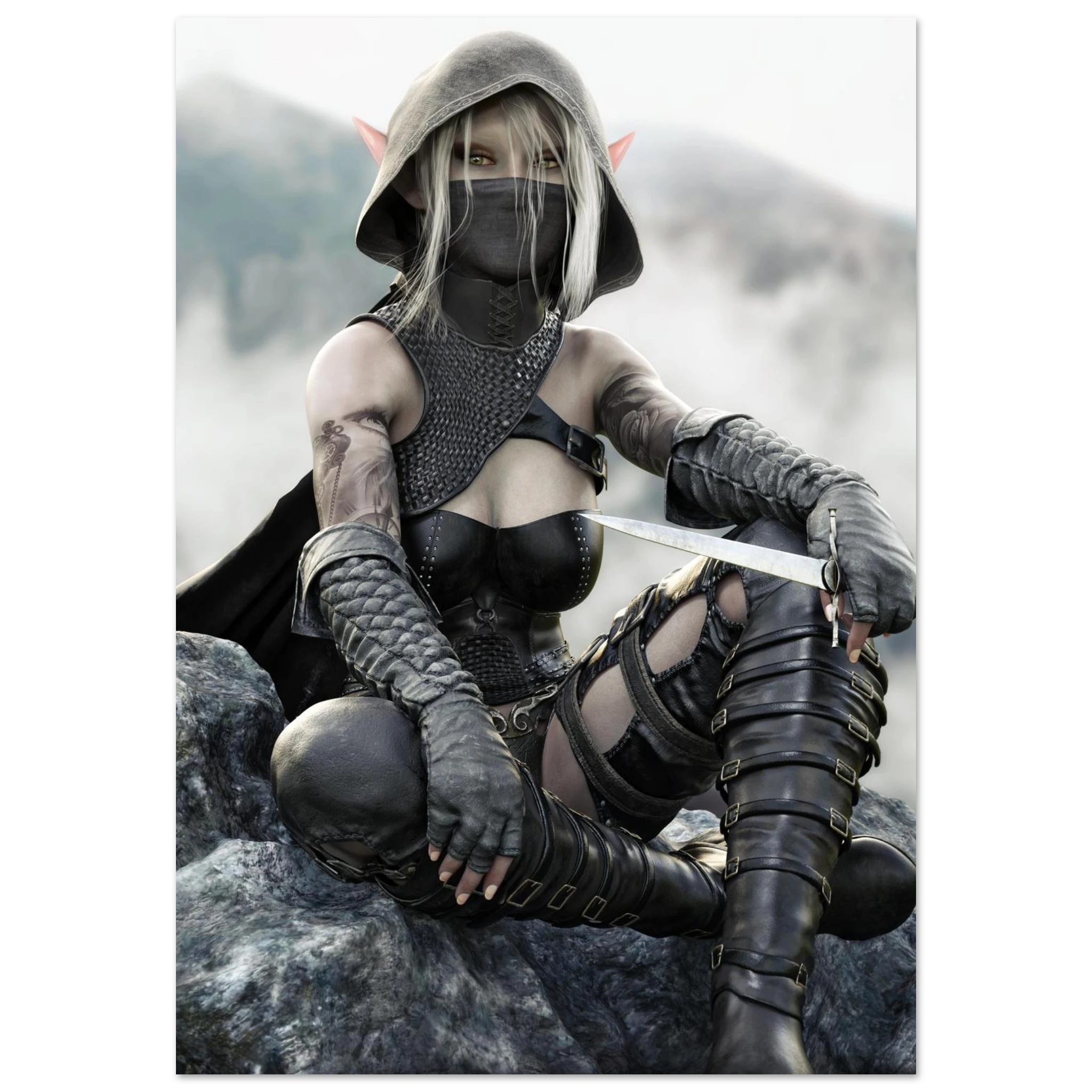 Handcrafted Dark Elf Rogue wall art featuring a hooded female elven assassin seated on rocky cliffs with a dagger in hand. Fantasy artwork ideal for gaming rooms, RPG fans, and medieval fantasy décor.