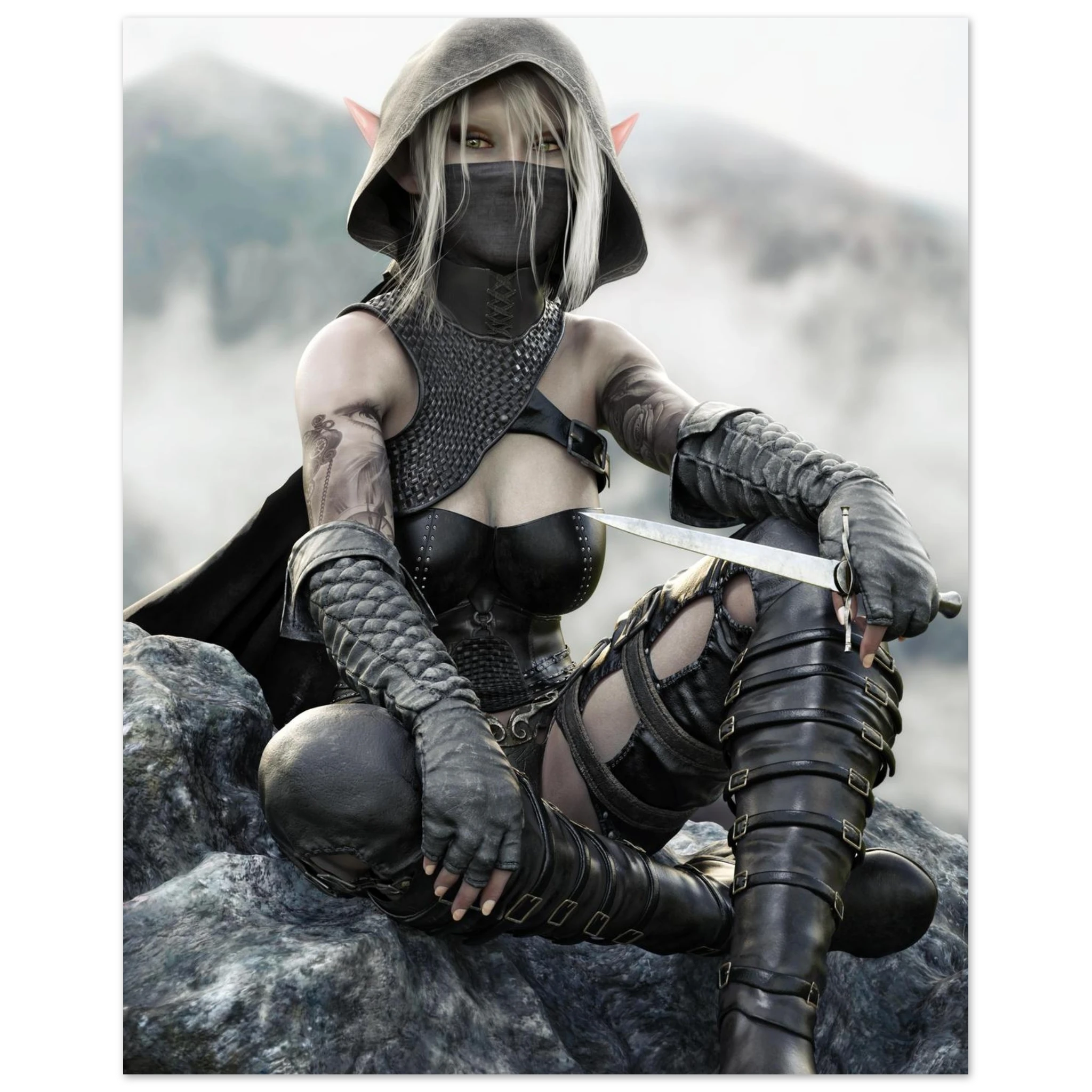 Handcrafted Dark Elf Rogue wall art featuring a hooded female elven assassin seated on rocky cliffs with a dagger in hand. Fantasy artwork ideal for gaming rooms, RPG fans, and medieval fantasy décor.