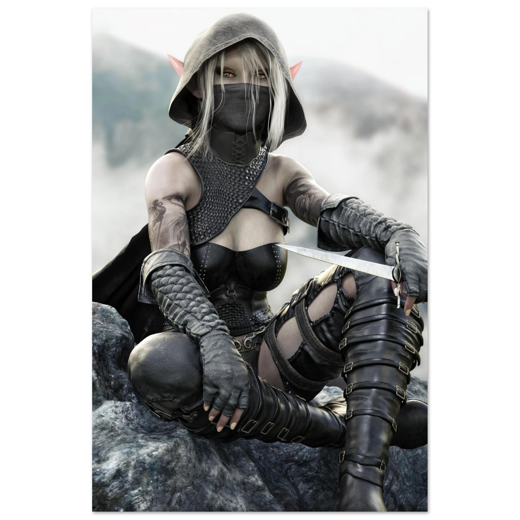 Handcrafted Dark Elf Rogue wall art featuring a hooded female elven assassin seated on rocky cliffs with a dagger in hand. Fantasy artwork ideal for gaming rooms, RPG fans, and medieval fantasy décor.