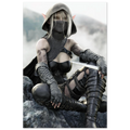 Handcrafted Dark Elf Rogue wall art featuring a hooded female elven assassin seated on rocky cliffs with a dagger in hand. Fantasy artwork ideal for gaming rooms, RPG fans, and medieval fantasy décor.