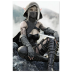 Handcrafted Dark Elf Rogue wall art featuring a hooded female elven assassin seated on rocky cliffs with a dagger in hand. Fantasy artwork ideal for gaming rooms, RPG fans, and medieval fantasy décor.