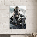 Handcrafted Dark Elf Rogue wall art featuring a hooded female elven assassin seated on rocky cliffs with a dagger in hand. Fantasy artwork ideal for gaming rooms, RPG fans, and medieval fantasy décor.