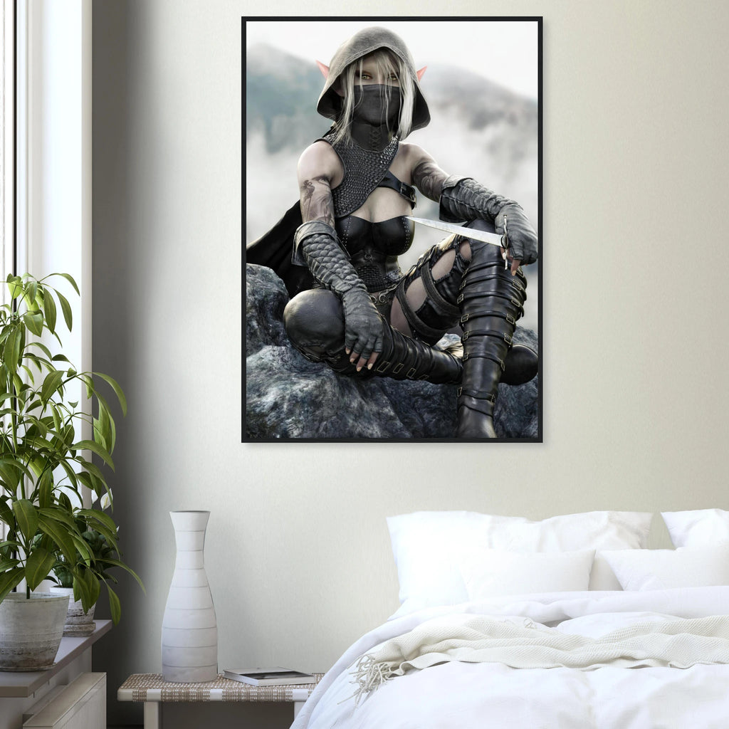 Handcrafted Dark Elf Rogue wall art featuring a hooded female elven assassin seated on rocky cliffs with a dagger in hand. Fantasy artwork ideal for gaming rooms, RPG fans, and medieval fantasy décor.