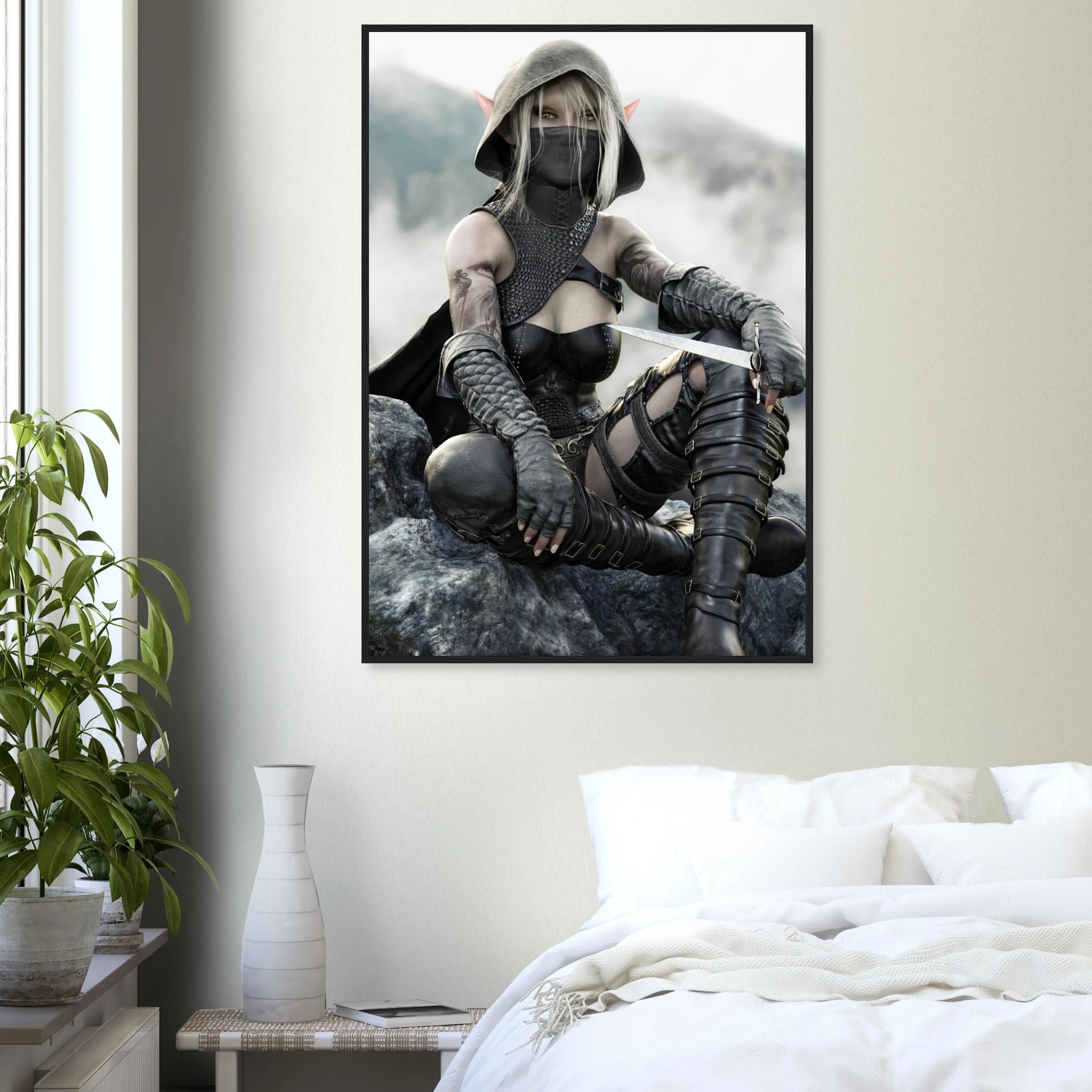 Handcrafted Dark Elf Rogue wall art featuring a hooded female elven assassin seated on rocky cliffs with a dagger in hand. Fantasy artwork ideal for gaming rooms, RPG fans, and medieval fantasy décor.