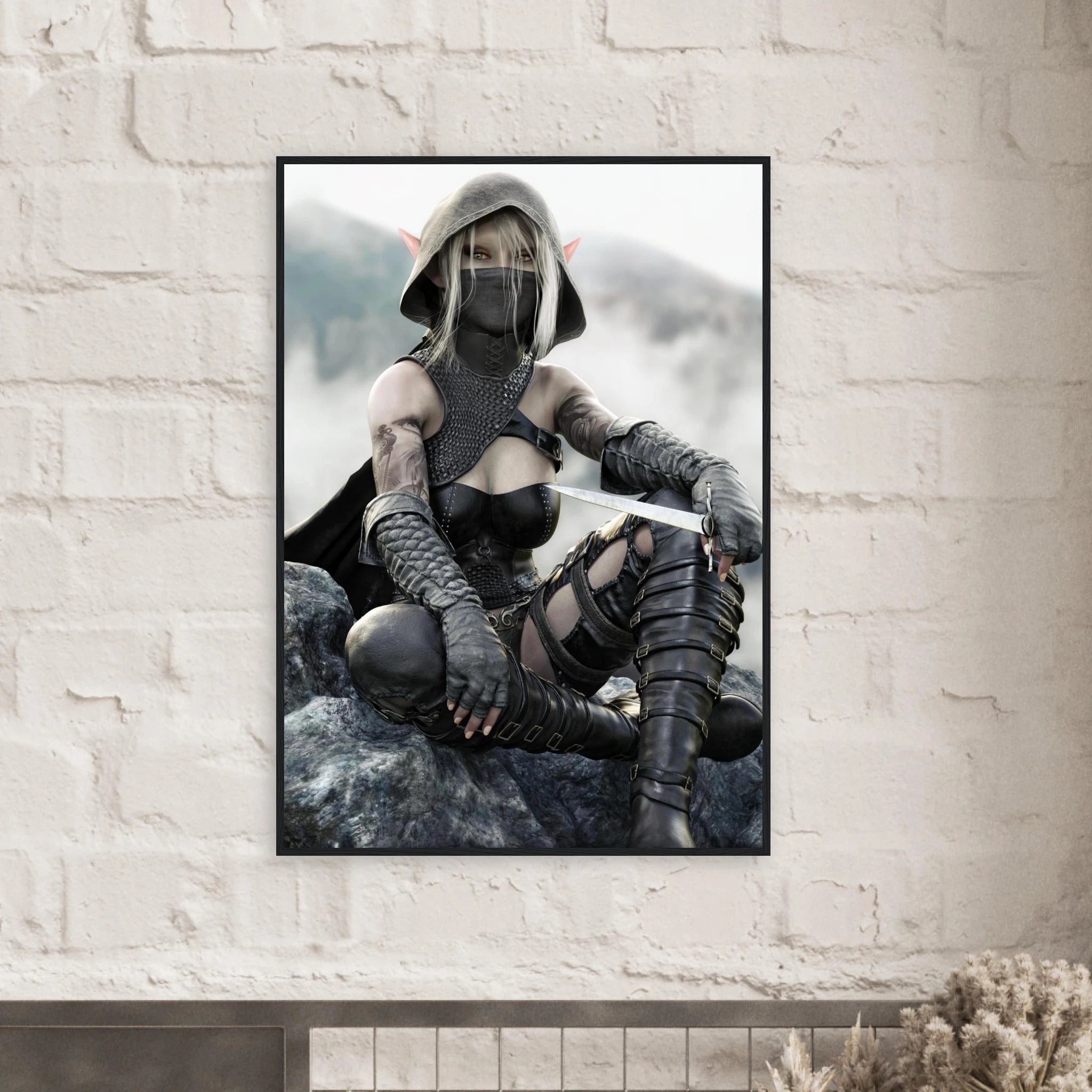 Handcrafted Dark Elf Rogue wall art featuring a hooded female elven assassin seated on rocky cliffs with a dagger in hand. Fantasy artwork ideal for gaming rooms, RPG fans, and medieval fantasy décor.