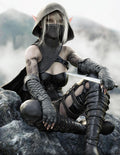 Dark elf rogue wall art featuring a hooded masked female elf with dagger and black armor seated on rocks in a misty mountain landscape.