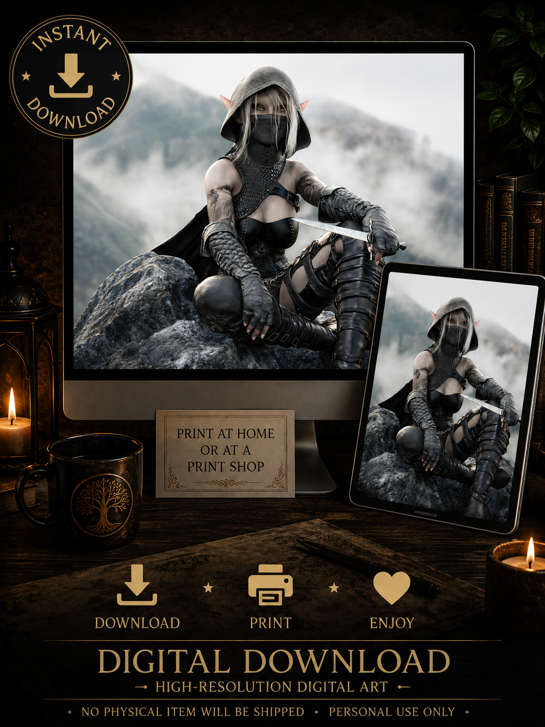 Dark elf rogue wall art featuring a hooded masked female elf with dagger and black armor seated on rocks in a misty mountain landscape.