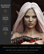 Close-up of a white-haired dark elf sorceress highlighting vibrant color and crisp detail on an aluminum metal print.
