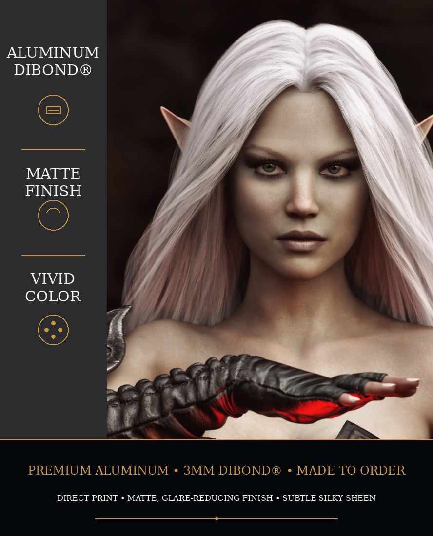 Close-up of a white-haired dark elf sorceress highlighting vibrant color and crisp detail on an aluminum metal print.