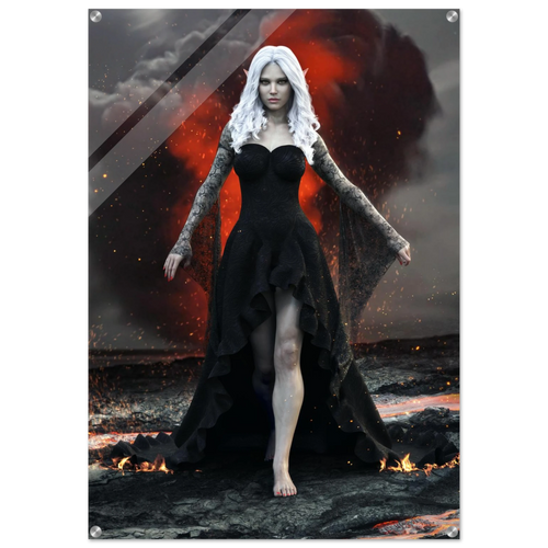 Handcrafted Dark Elf Sorceress wall art featuring a white-haired elven mage in a flowing black gown walking across a volcanic landscape with lava, smoke, and glowing embers. Fantasy artwork perfect for gaming rooms, RPG fans, and dark fantasy décor.