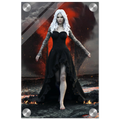 Handcrafted Dark Elf Sorceress wall art featuring a white-haired elven mage in a flowing black gown walking across a volcanic landscape with lava, smoke, and glowing embers. Fantasy artwork perfect for gaming rooms, RPG fans, and dark fantasy décor.