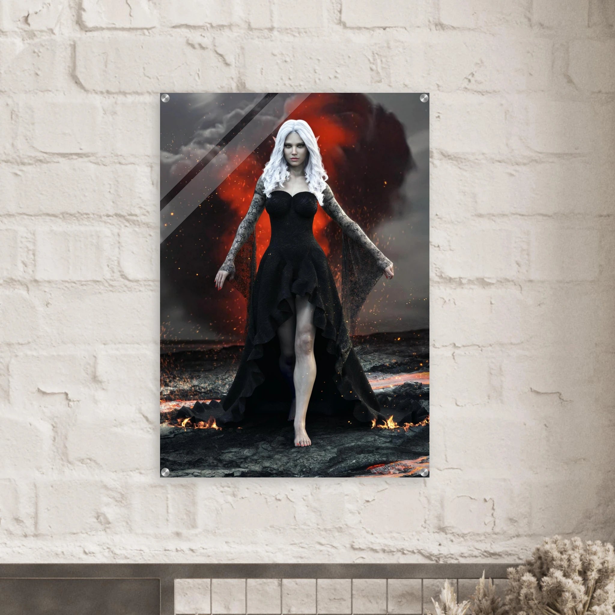 Handcrafted Dark Elf Sorceress wall art featuring a white-haired elven mage in a flowing black gown walking across a volcanic landscape with lava, smoke, and glowing embers. Fantasy artwork perfect for gaming rooms, RPG fans, and dark fantasy décor.