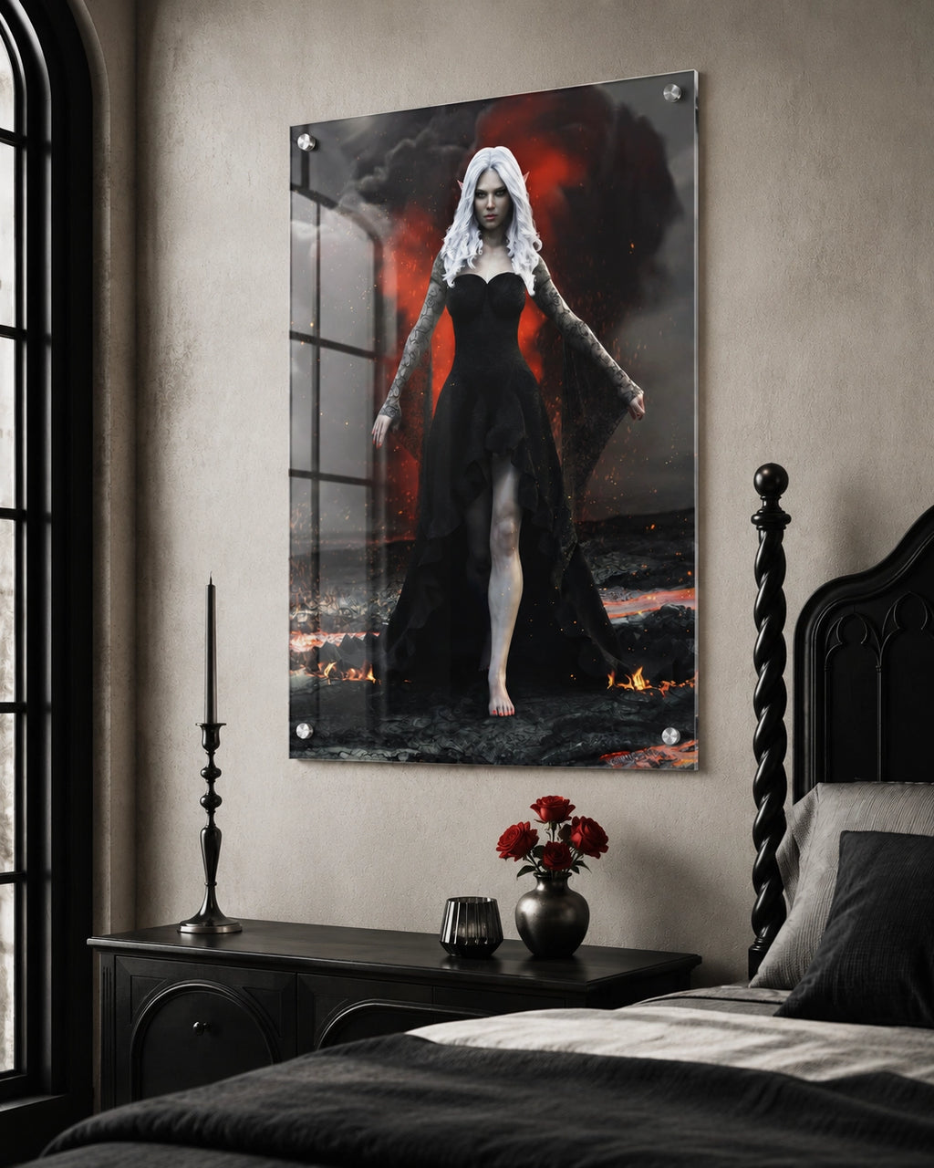 Handcrafted Dark Elf Sorceress wall art featuring a white-haired elven mage in a flowing black gown walking across a volcanic landscape with lava, smoke, and glowing embers. Fantasy artwork perfect for gaming rooms, RPG fans, and dark fantasy décor.