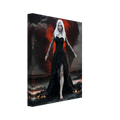 Handcrafted Dark Elf Sorceress wall art featuring a white-haired elven mage in a flowing black gown walking across a volcanic landscape with lava, smoke, and glowing embers. Fantasy artwork perfect for gaming rooms, RPG fans, and dark fantasy décor.