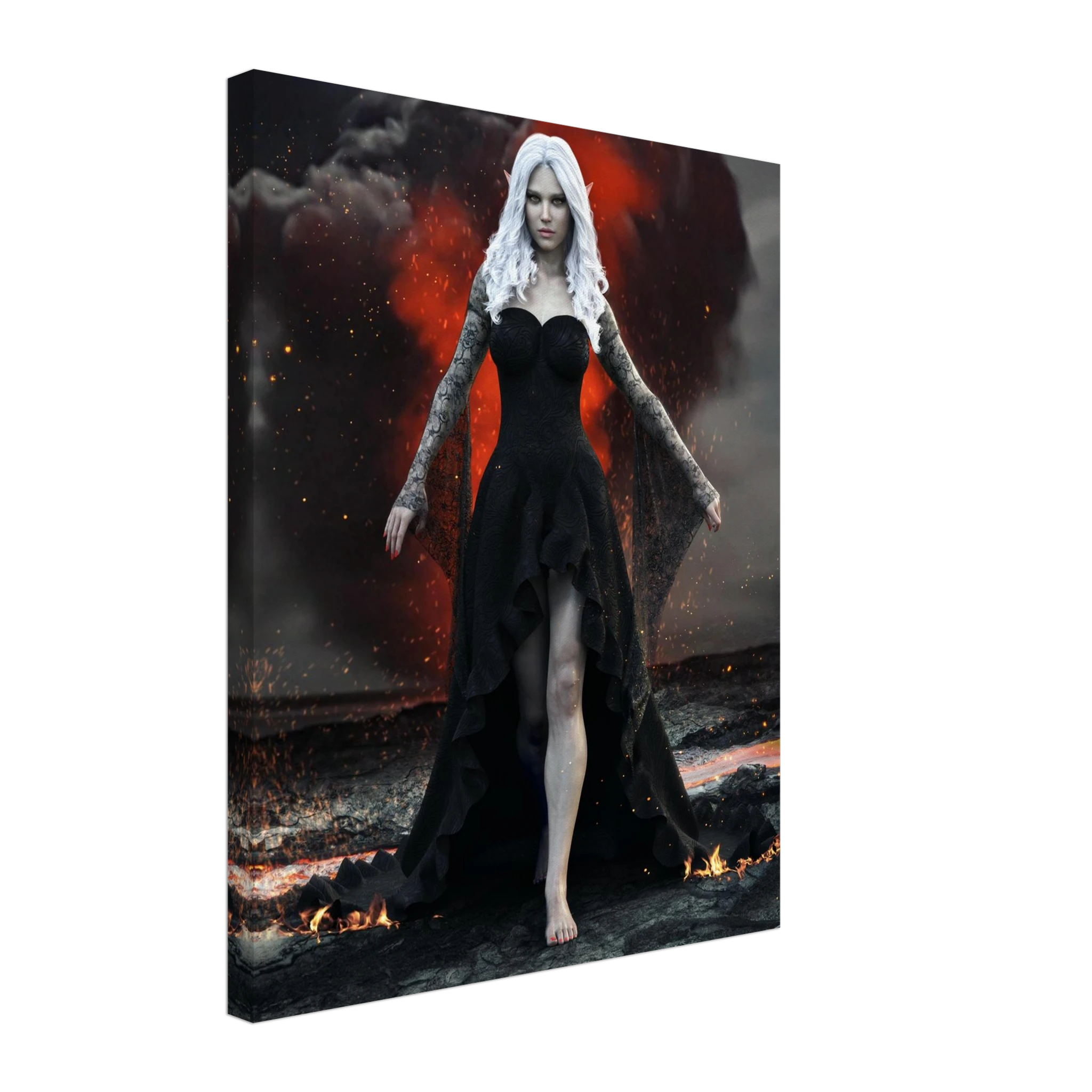Handcrafted Dark Elf Sorceress wall art featuring a white-haired elven mage in a flowing black gown walking across a volcanic landscape with lava, smoke, and glowing embers. Fantasy artwork perfect for gaming rooms, RPG fans, and dark fantasy décor.