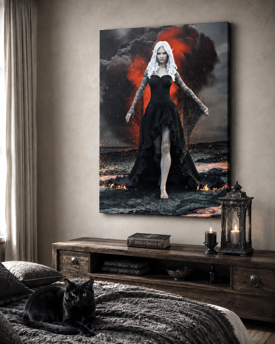 Handcrafted Dark Elf Sorceress wall art featuring a white-haired elven mage in a flowing black gown walking across a volcanic landscape with lava, smoke, and glowing embers. Fantasy artwork perfect for gaming rooms, RPG fans, and dark fantasy décor.