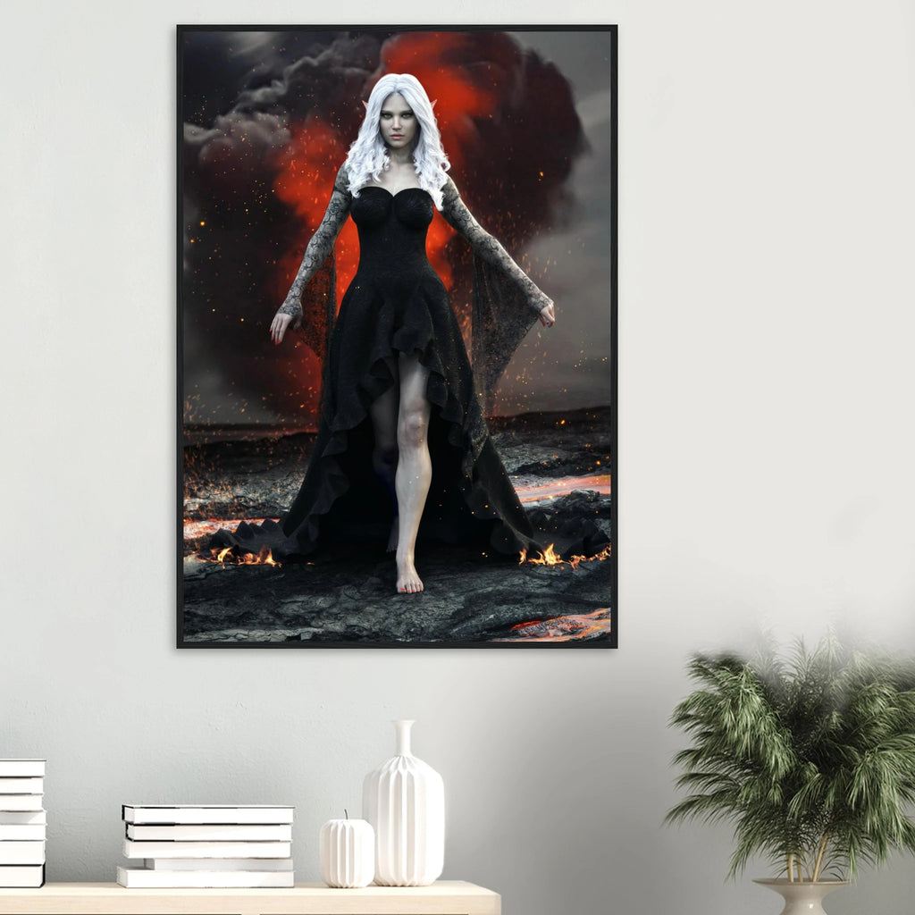 Handcrafted Dark Elf Sorceress wall art featuring a white-haired elven mage in a flowing black gown walking across a volcanic landscape with lava, smoke, and glowing embers. Fantasy artwork perfect for gaming rooms, RPG fans, and dark fantasy décor.