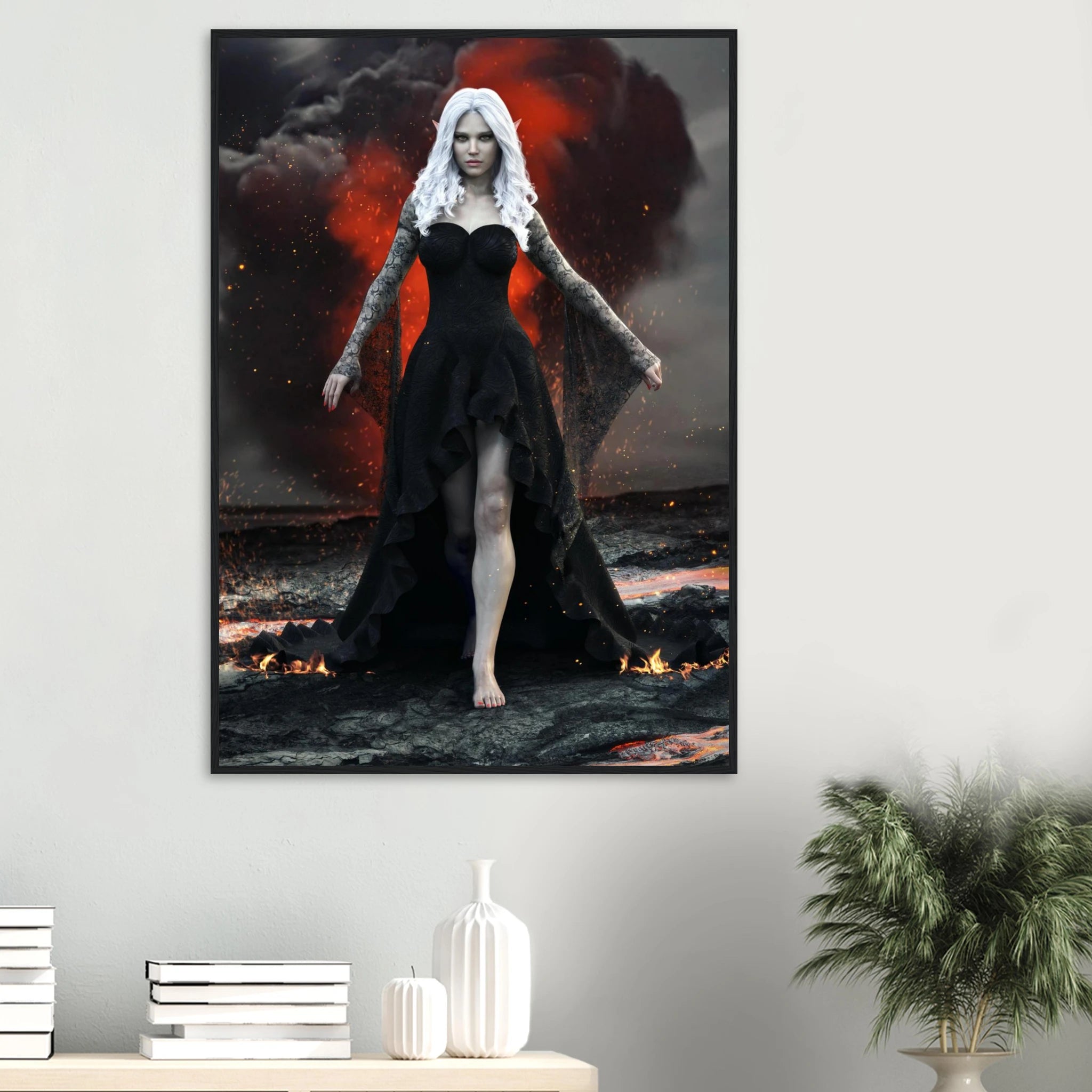 Handcrafted Dark Elf Sorceress wall art featuring a white-haired elven mage in a flowing black gown walking across a volcanic landscape with lava, smoke, and glowing embers. Fantasy artwork perfect for gaming rooms, RPG fans, and dark fantasy décor.