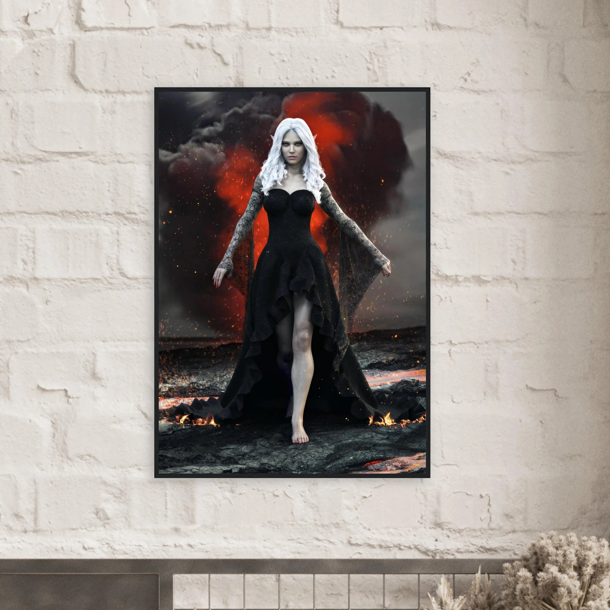 Handcrafted Dark Elf Sorceress wall art featuring a white-haired elven mage in a flowing black gown walking across a volcanic landscape with lava, smoke, and glowing embers. Fantasy artwork perfect for gaming rooms, RPG fans, and dark fantasy décor.