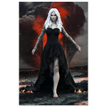 Handcrafted Dark Elf Sorceress wall art featuring a white-haired elven mage in a flowing black gown walking across a volcanic landscape with lava, smoke, and glowing embers. Fantasy artwork perfect for gaming rooms, RPG fans, and dark fantasy décor.