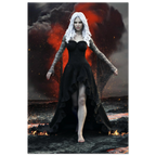 Handcrafted Dark Elf Sorceress wall art featuring a white-haired elven mage in a flowing black gown walking across a volcanic landscape with lava, smoke, and glowing embers. Fantasy artwork perfect for gaming rooms, RPG fans, and dark fantasy décor.