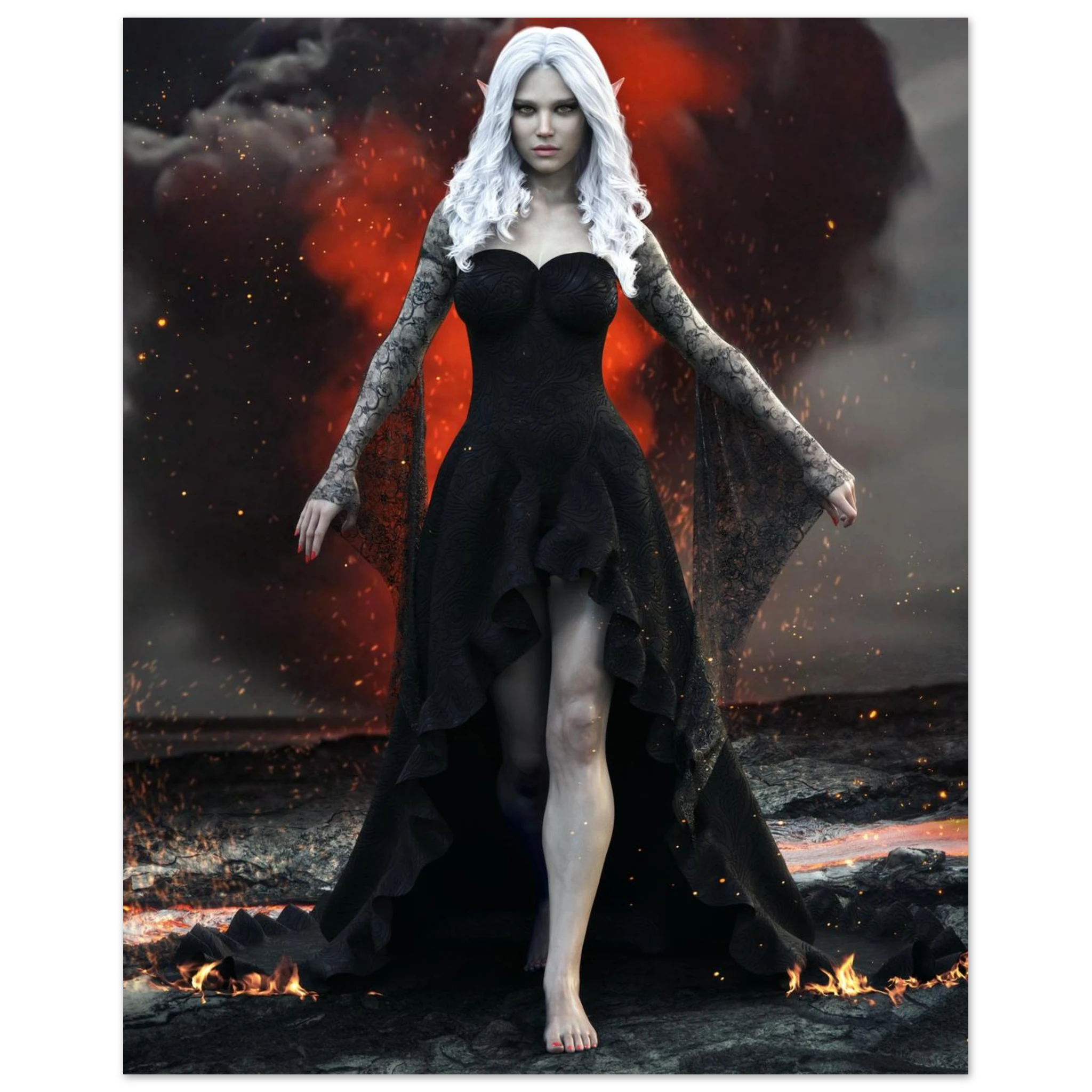Handcrafted Dark Elf Sorceress wall art featuring a white-haired elven mage in a flowing black gown walking across a volcanic landscape with lava, smoke, and glowing embers. Fantasy artwork perfect for gaming rooms, RPG fans, and dark fantasy décor.