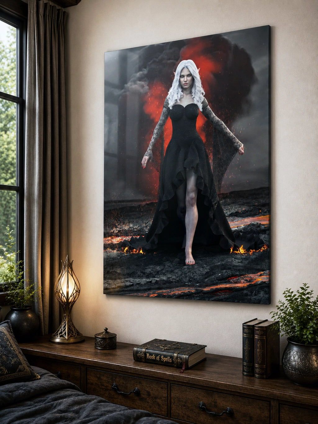 Handcrafted Dark Elf Sorceress wall art featuring a white-haired elven mage in a flowing black gown walking across a volcanic landscape with lava, smoke, and glowing embers. Fantasy artwork perfect for gaming rooms, RPG fans, and dark fantasy décor.