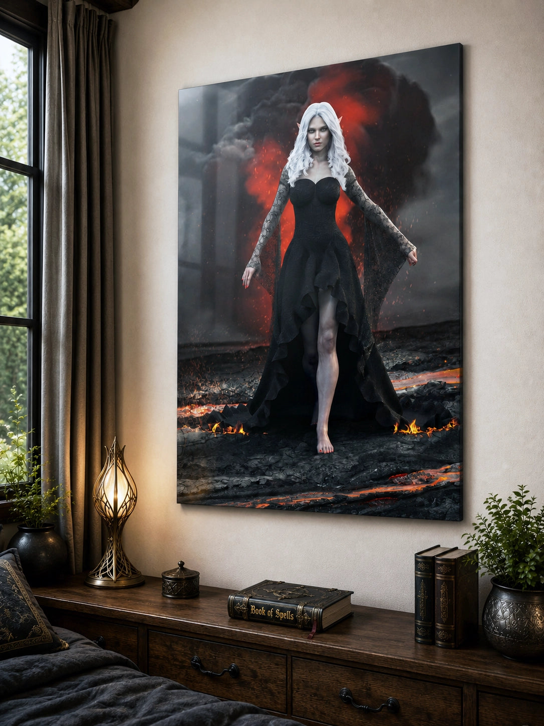 Handcrafted Dark Elf Sorceress wall art featuring a white-haired elven mage in a flowing black gown walking across a volcanic landscape with lava, smoke, and glowing embers. Fantasy artwork perfect for gaming rooms, RPG fans, and dark fantasy décor.