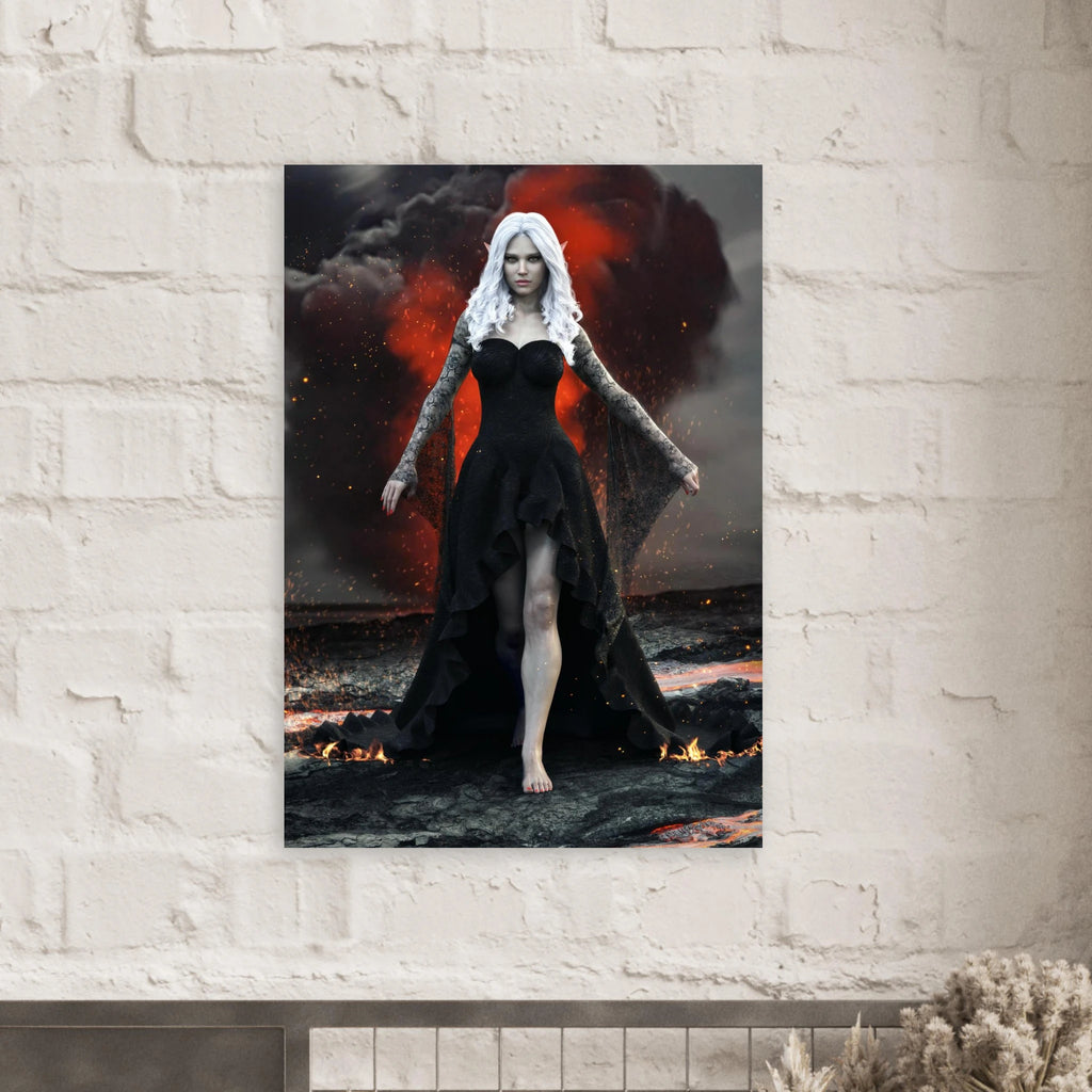 Handcrafted Dark Elf Sorceress wall art featuring a white-haired elven mage in a flowing black gown walking across a volcanic landscape with lava, smoke, and glowing embers. Fantasy artwork perfect for gaming rooms, RPG fans, and dark fantasy décor.
