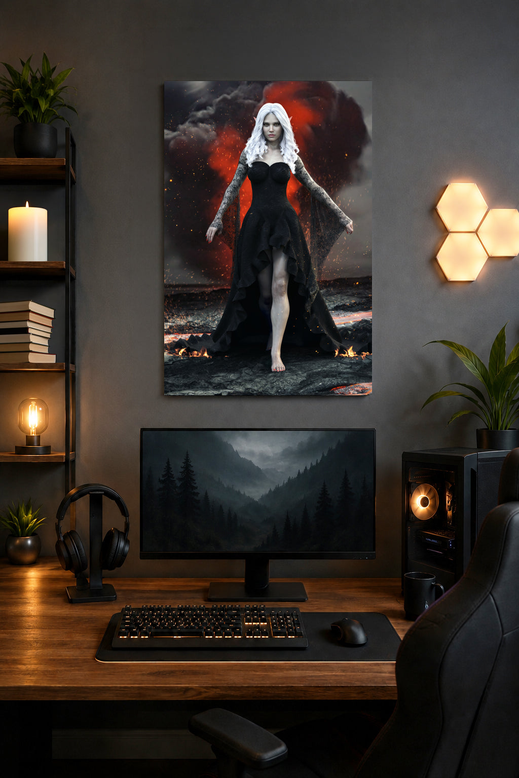 Handcrafted Dark Elf Sorceress wall art featuring a white-haired elven mage in a flowing black gown walking across a volcanic landscape with lava, smoke, and glowing embers. Fantasy artwork perfect for gaming rooms, RPG fans, and dark fantasy décor.