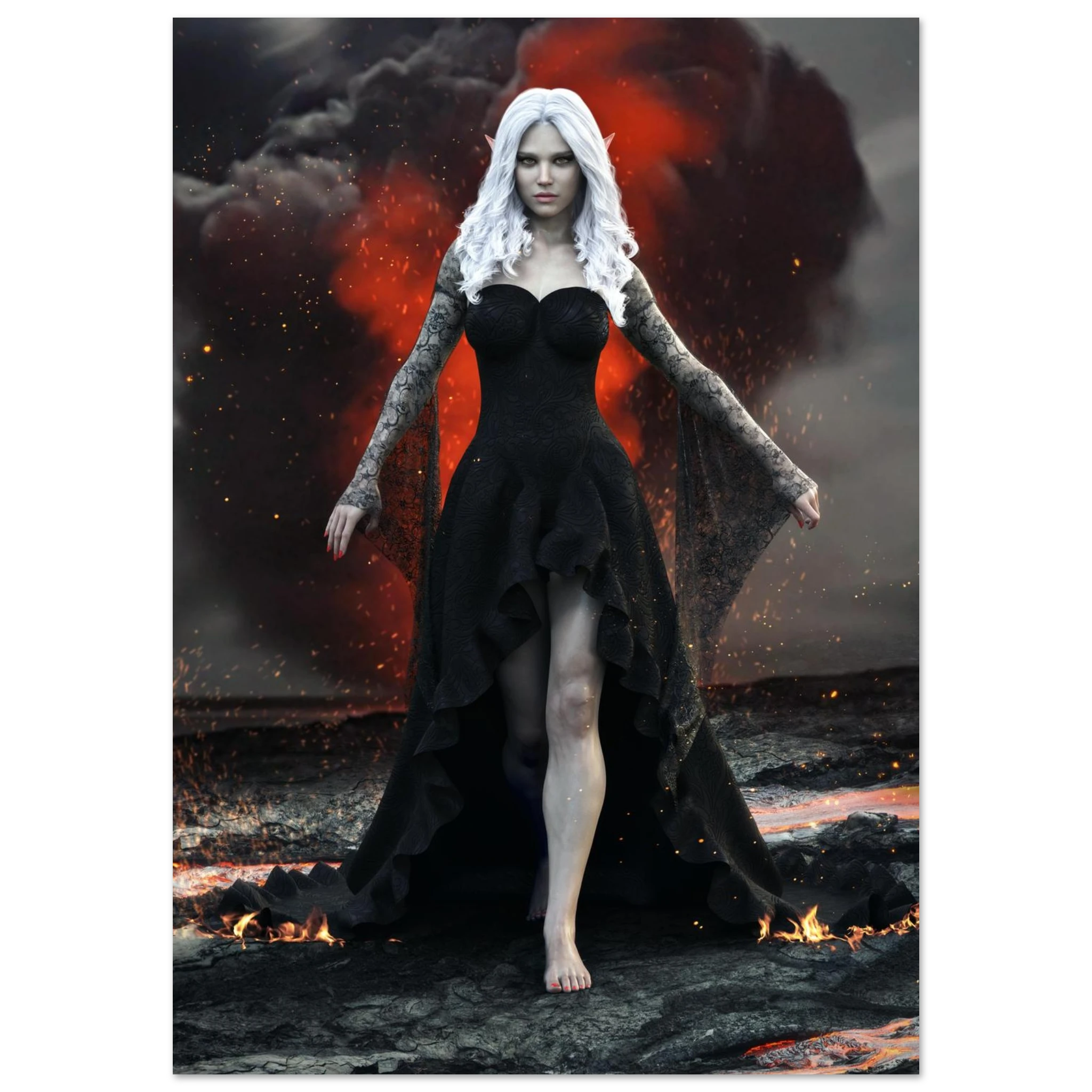 Handcrafted Dark Elf Sorceress wall art featuring a white-haired elven mage in a flowing black gown walking across a volcanic landscape with lava, smoke, and glowing embers. Fantasy artwork perfect for gaming rooms, RPG fans, and dark fantasy décor.