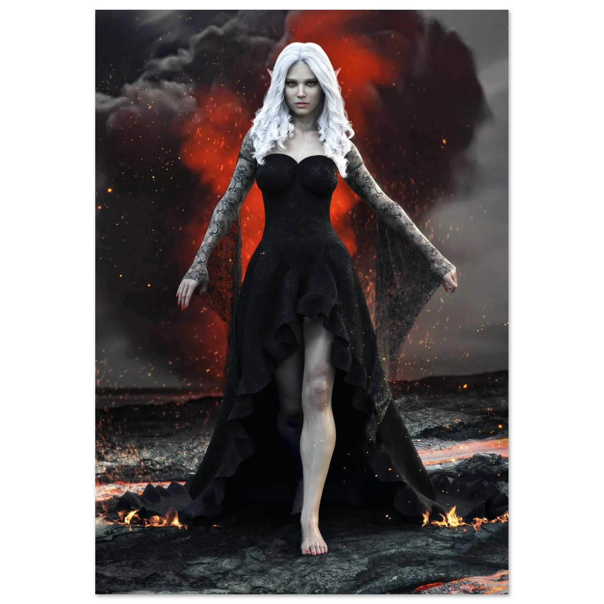 Handcrafted Dark Elf Sorceress wall art featuring a white-haired elven mage in a flowing black gown walking across a volcanic landscape with lava, smoke, and glowing embers. Fantasy artwork perfect for gaming rooms, RPG fans, and dark fantasy décor.