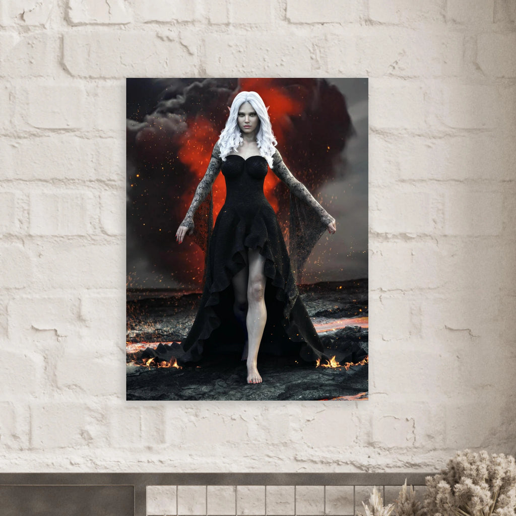 Handcrafted Dark Elf Sorceress wall art featuring a white-haired elven mage in a flowing black gown walking across a volcanic landscape with lava, smoke, and glowing embers. Fantasy artwork perfect for gaming rooms, RPG fans, and dark fantasy décor.