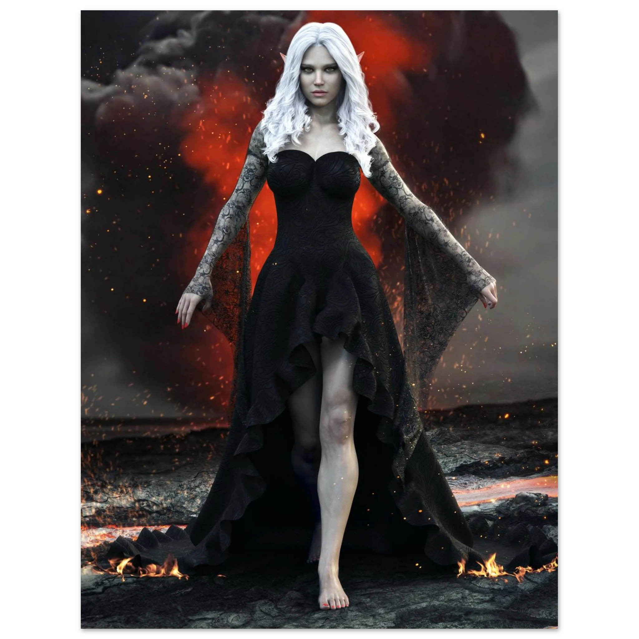 Handcrafted Dark Elf Sorceress wall art featuring a white-haired elven mage in a flowing black gown walking across a volcanic landscape with lava, smoke, and glowing embers. Fantasy artwork perfect for gaming rooms, RPG fans, and dark fantasy décor.