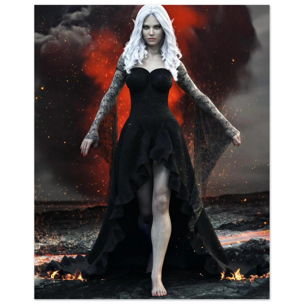Handcrafted Dark Elf Sorceress wall art featuring a white-haired elven mage in a flowing black gown walking across a volcanic landscape with lava, smoke, and glowing embers. Fantasy artwork perfect for gaming rooms, RPG fans, and dark fantasy décor.