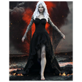 Handcrafted Dark Elf Sorceress wall art featuring a white-haired elven mage in a flowing black gown walking across a volcanic landscape with lava, smoke, and glowing embers. Fantasy artwork perfect for gaming rooms, RPG fans, and dark fantasy décor.