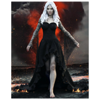 Handcrafted Dark Elf Sorceress wall art featuring a white-haired elven mage in a flowing black gown walking across a volcanic landscape with lava, smoke, and glowing embers. Fantasy artwork perfect for gaming rooms, RPG fans, and dark fantasy décor.