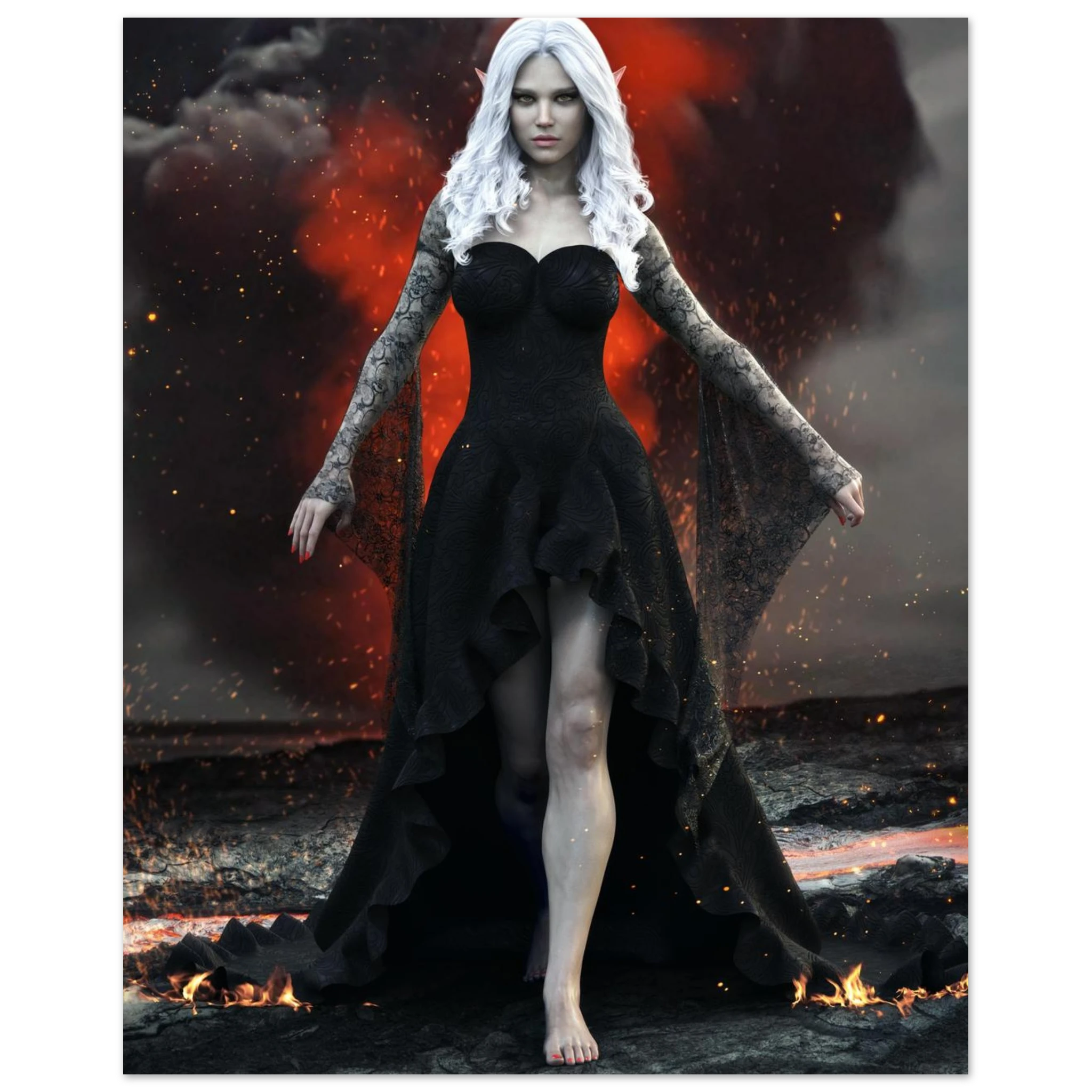 Handcrafted Dark Elf Sorceress wall art featuring a white-haired elven mage in a flowing black gown walking across a volcanic landscape with lava, smoke, and glowing embers. Fantasy artwork perfect for gaming rooms, RPG fans, and dark fantasy décor.