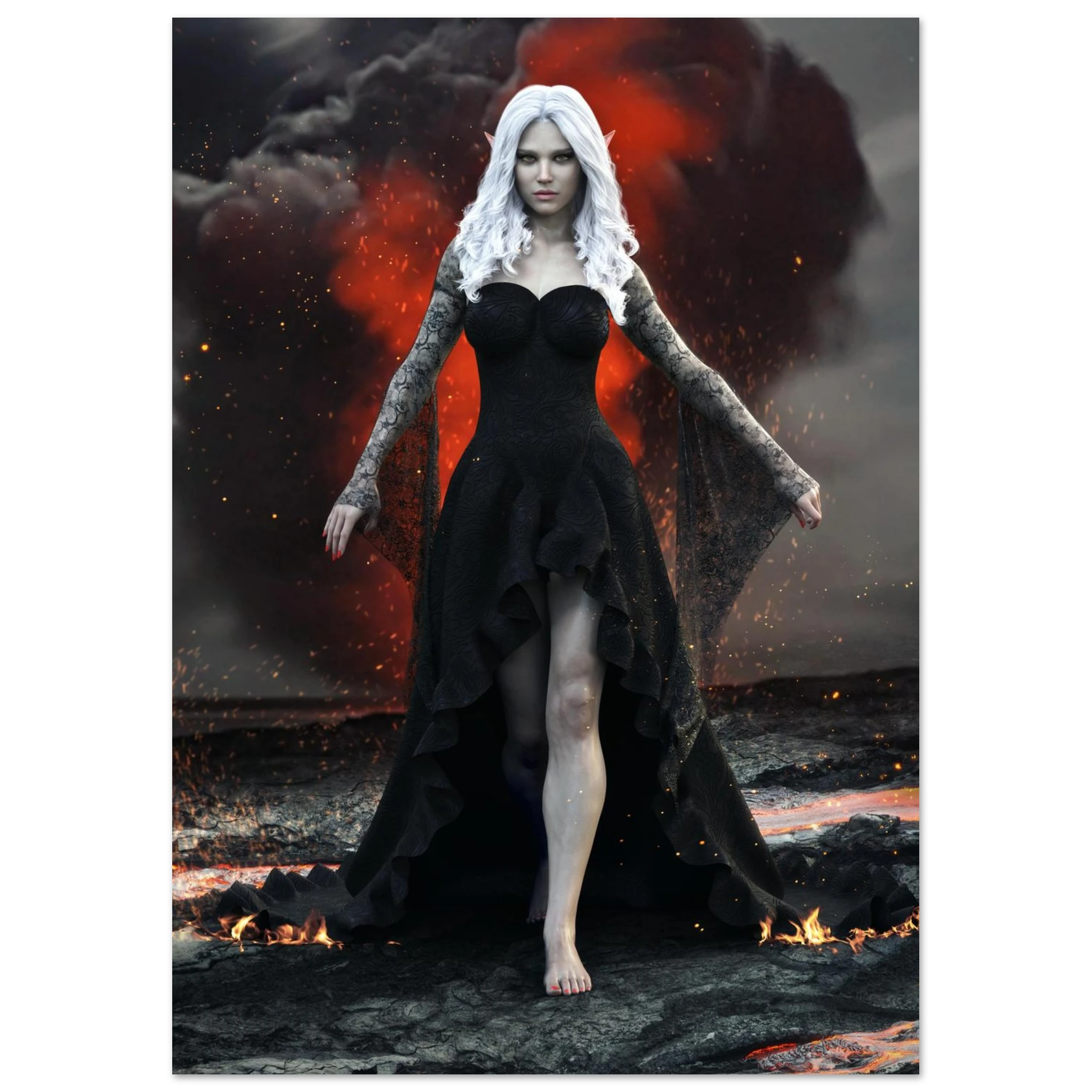 Handcrafted Dark Elf Sorceress wall art featuring a white-haired elven mage in a flowing black gown walking across a volcanic landscape with lava, smoke, and glowing embers. Fantasy artwork perfect for gaming rooms, RPG fans, and dark fantasy décor.