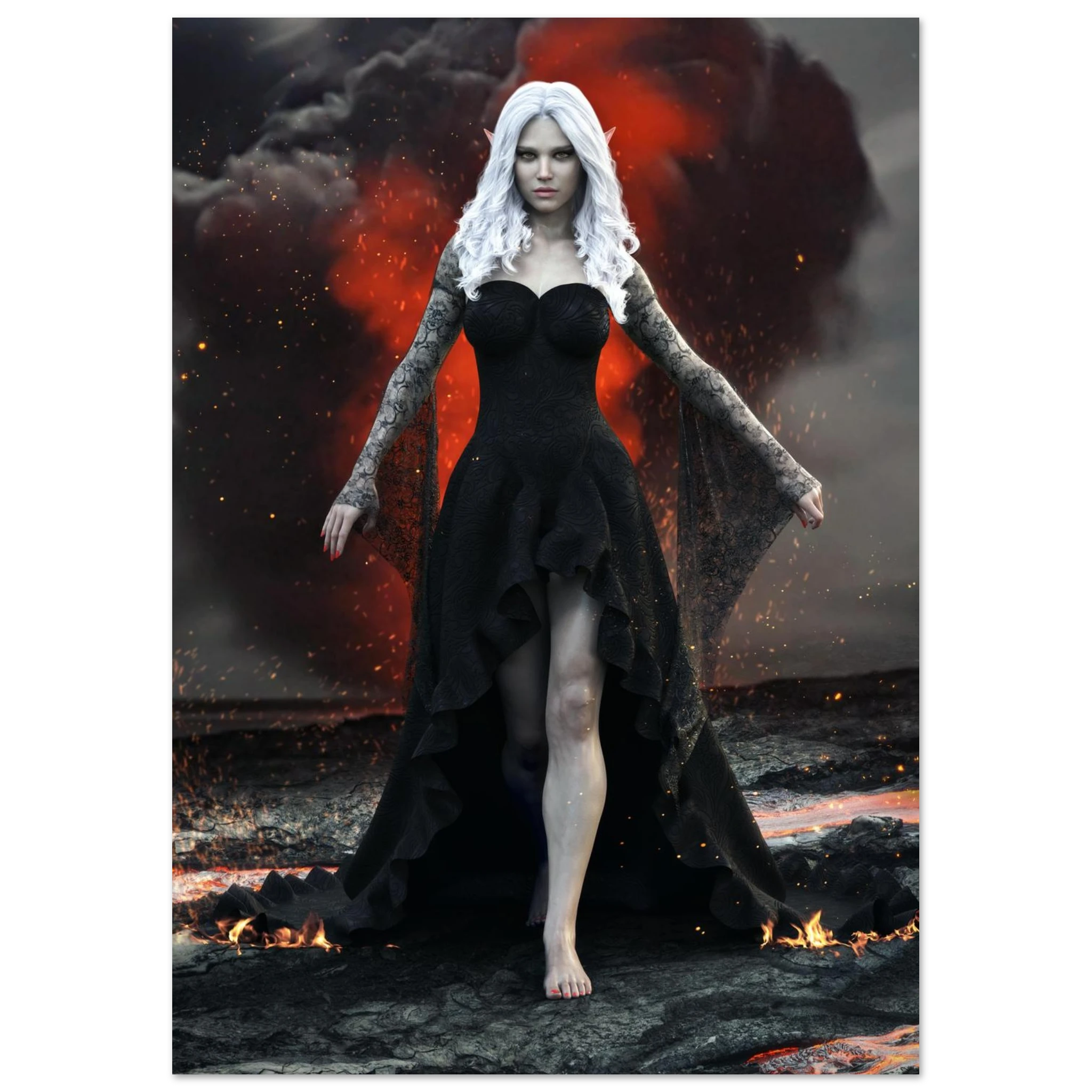 Handcrafted Dark Elf Sorceress wall art featuring a white-haired elven mage in a flowing black gown walking across a volcanic landscape with lava, smoke, and glowing embers. Fantasy artwork perfect for gaming rooms, RPG fans, and dark fantasy décor.