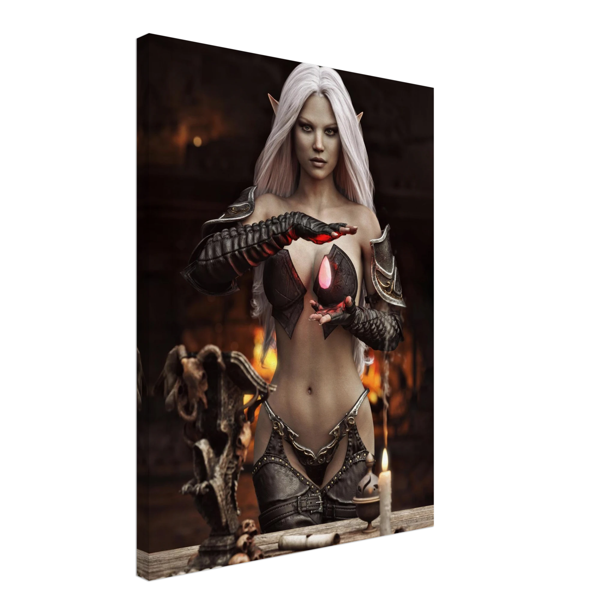 Handcrafted Dark Elf Sorceress wall art featuring a white-haired elven mage conjuring a glowing crimson crystal inside a mystical ritual chamber. Fantasy artwork perfect for gaming rooms, RPG fans, and dark fantasy décor.