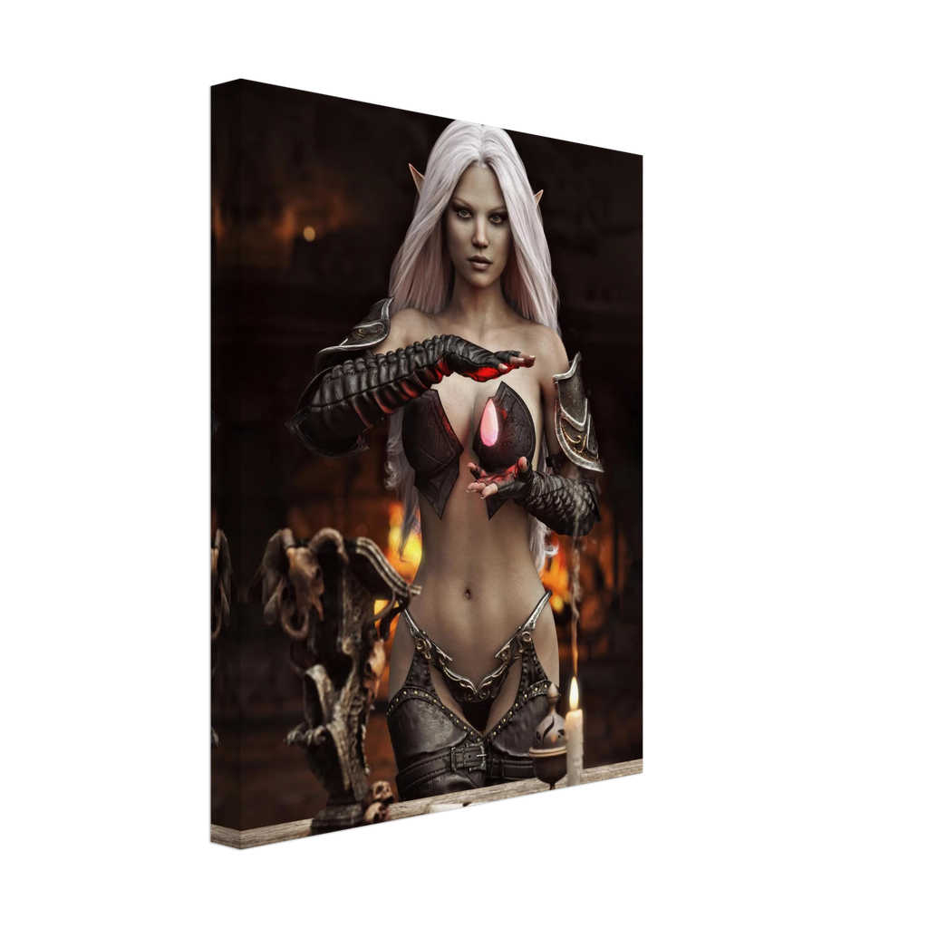 Handcrafted Dark Elf Sorceress wall art featuring a white-haired elven mage conjuring a glowing crimson crystal inside a mystical ritual chamber. Fantasy artwork perfect for gaming rooms, RPG fans, and dark fantasy décor.