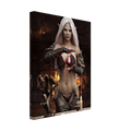 Handcrafted Dark Elf Sorceress wall art featuring a white-haired elven mage conjuring a glowing crimson crystal inside a mystical ritual chamber. Fantasy artwork perfect for gaming rooms, RPG fans, and dark fantasy décor.
