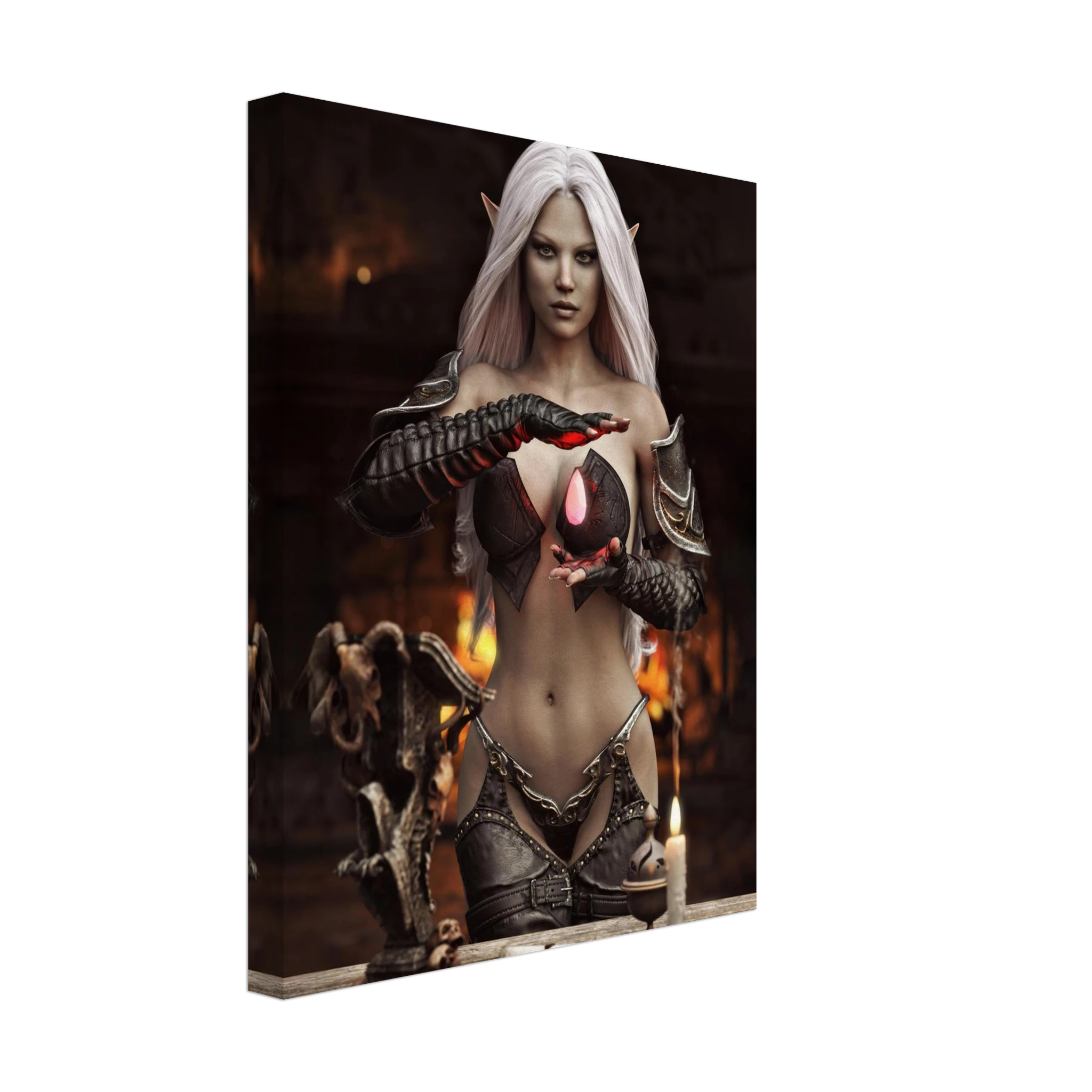 Handcrafted Dark Elf Sorceress wall art featuring a white-haired elven mage conjuring a glowing crimson crystal inside a mystical ritual chamber. Fantasy artwork perfect for gaming rooms, RPG fans, and dark fantasy décor.