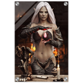 Handcrafted Dark Elf Sorceress wall art featuring a white-haired elven mage conjuring a glowing crimson crystal inside a mystical ritual chamber. Fantasy artwork perfect for gaming rooms, RPG fans, and dark fantasy décor.