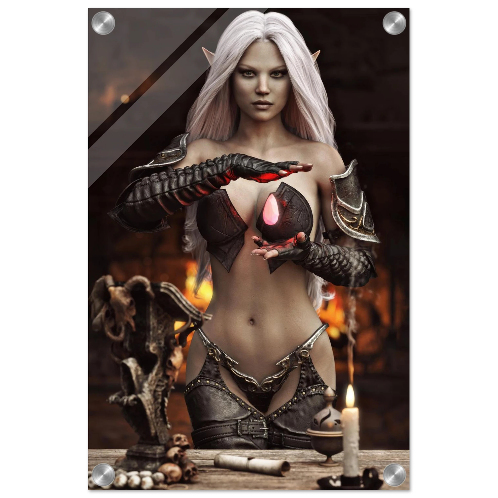 Handcrafted Dark Elf Sorceress wall art featuring a white-haired elven mage conjuring a glowing crimson crystal inside a mystical ritual chamber. Fantasy artwork perfect for gaming rooms, RPG fans, and dark fantasy décor.