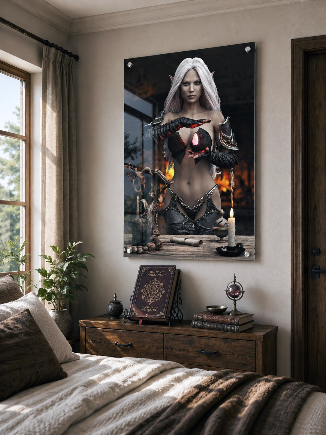 Handcrafted Dark Elf Sorceress wall art featuring a white-haired elven mage conjuring a glowing crimson crystal inside a mystical ritual chamber. Fantasy artwork perfect for gaming rooms, RPG fans, and dark fantasy décor.