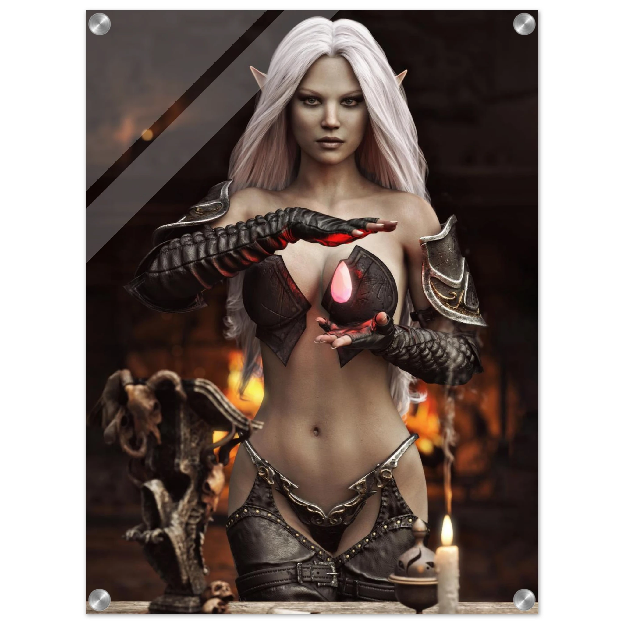 Handcrafted Dark Elf Sorceress wall art featuring a white-haired elven mage conjuring a glowing crimson crystal inside a mystical ritual chamber. Fantasy artwork perfect for gaming rooms, RPG fans, and dark fantasy décor.