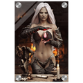 Handcrafted Dark Elf Sorceress wall art featuring a white-haired elven mage conjuring a glowing crimson crystal inside a mystical ritual chamber. Fantasy artwork perfect for gaming rooms, RPG fans, and dark fantasy décor.