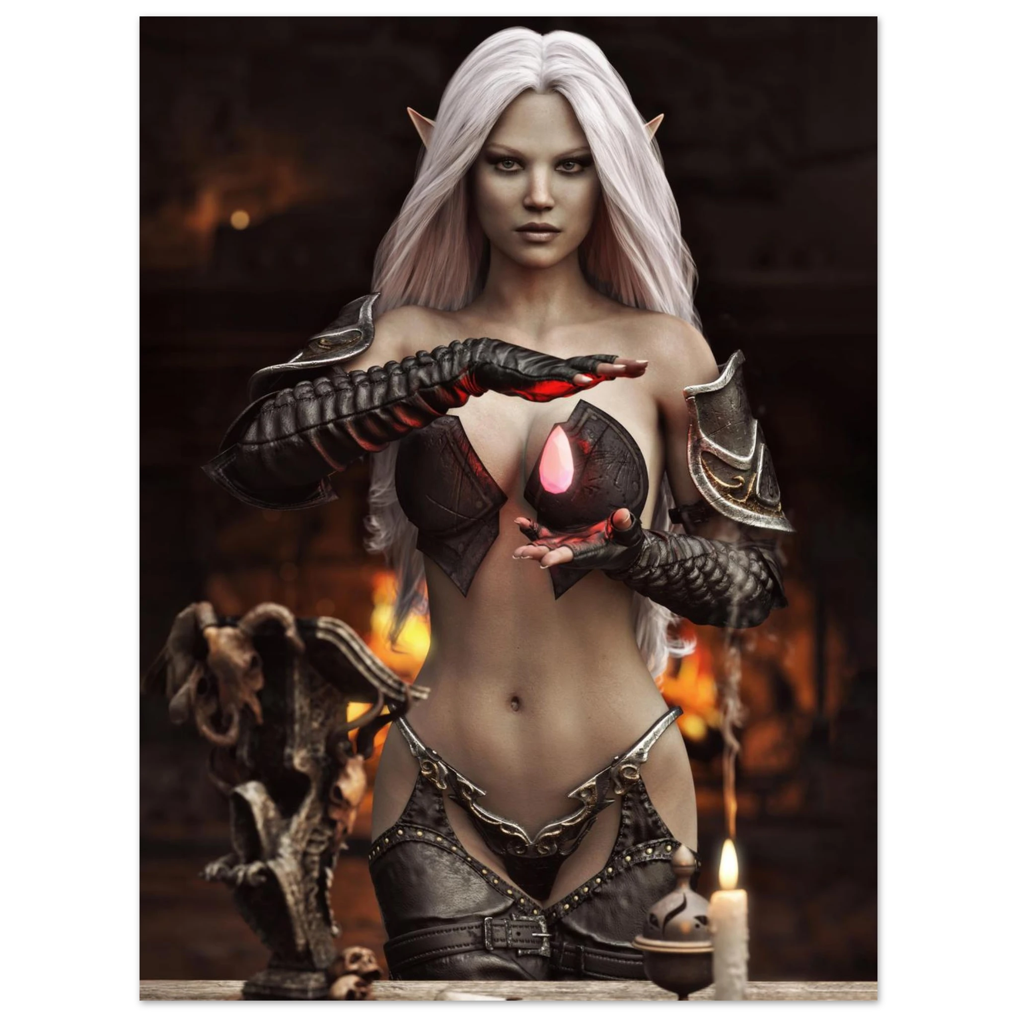 Handcrafted Dark Elf Sorceress wall art featuring a white-haired elven mage conjuring a glowing crimson crystal inside a mystical ritual chamber. Fantasy artwork perfect for gaming rooms, RPG fans, and dark fantasy décor.